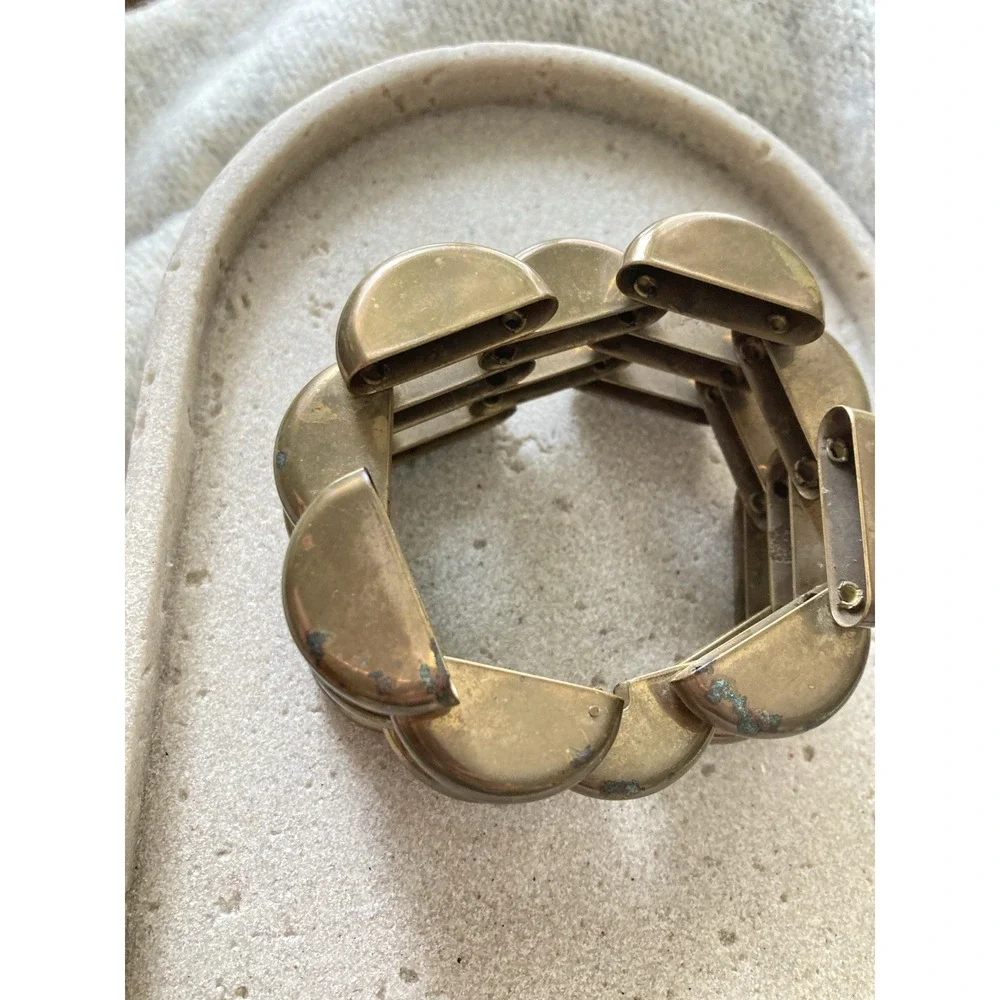 Copper Tank Bracelet Linked Patina Chunky‎ Collapsible Bold Vintage Brutalist